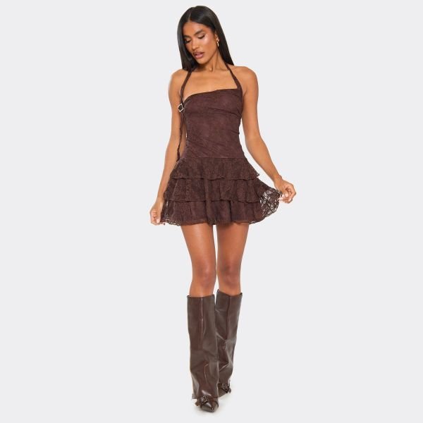 EGO Halterneck Strap Ruffle Detail Mini Dress In Chocolate Brown Lace, Women's Size UK 6 - 2