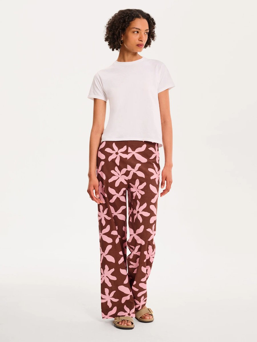 OMNES Tommy Trouser in Pink and Chocolate Floral Print - 4