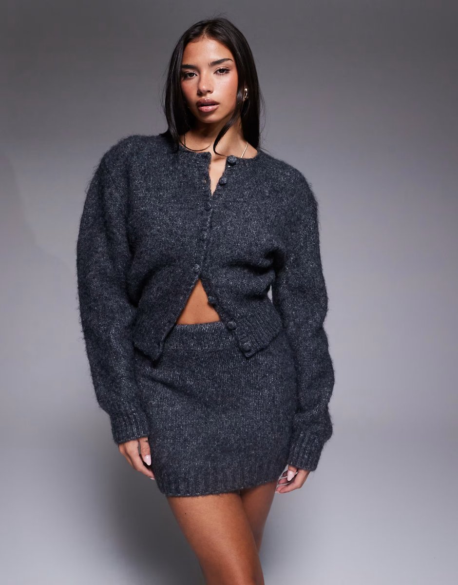 ASOS Wanderdoll Misty sparkly button through cardigan and mini skirt co-ord in charcoal - 3