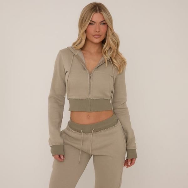 EGO Contrast Distressed Detail Cropped Zip Up Hoodie In Green, Women's Size UK 4 - 1