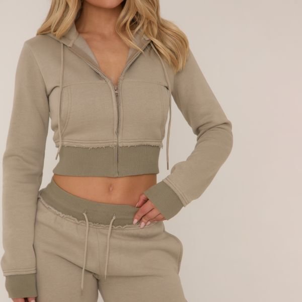 EGO Contrast Distressed Detail Cropped Zip Up Hoodie In Green, Women's Size UK 4 - 2