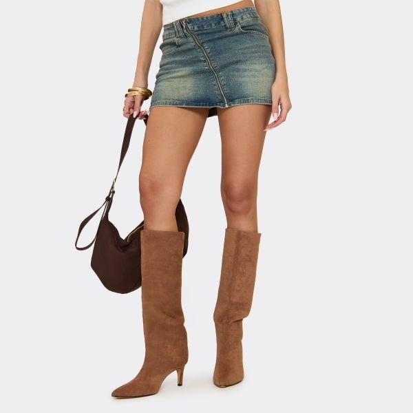 EGO Special Pointed Toe Knee High Heeled Boot In Mocha Faux Suede, Women's Size UK 3 - 1