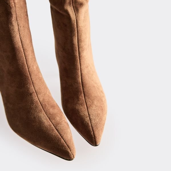 EGO Special Pointed Toe Knee High Heeled Boot In Mocha Faux Suede, Women's Size UK 3 - 2