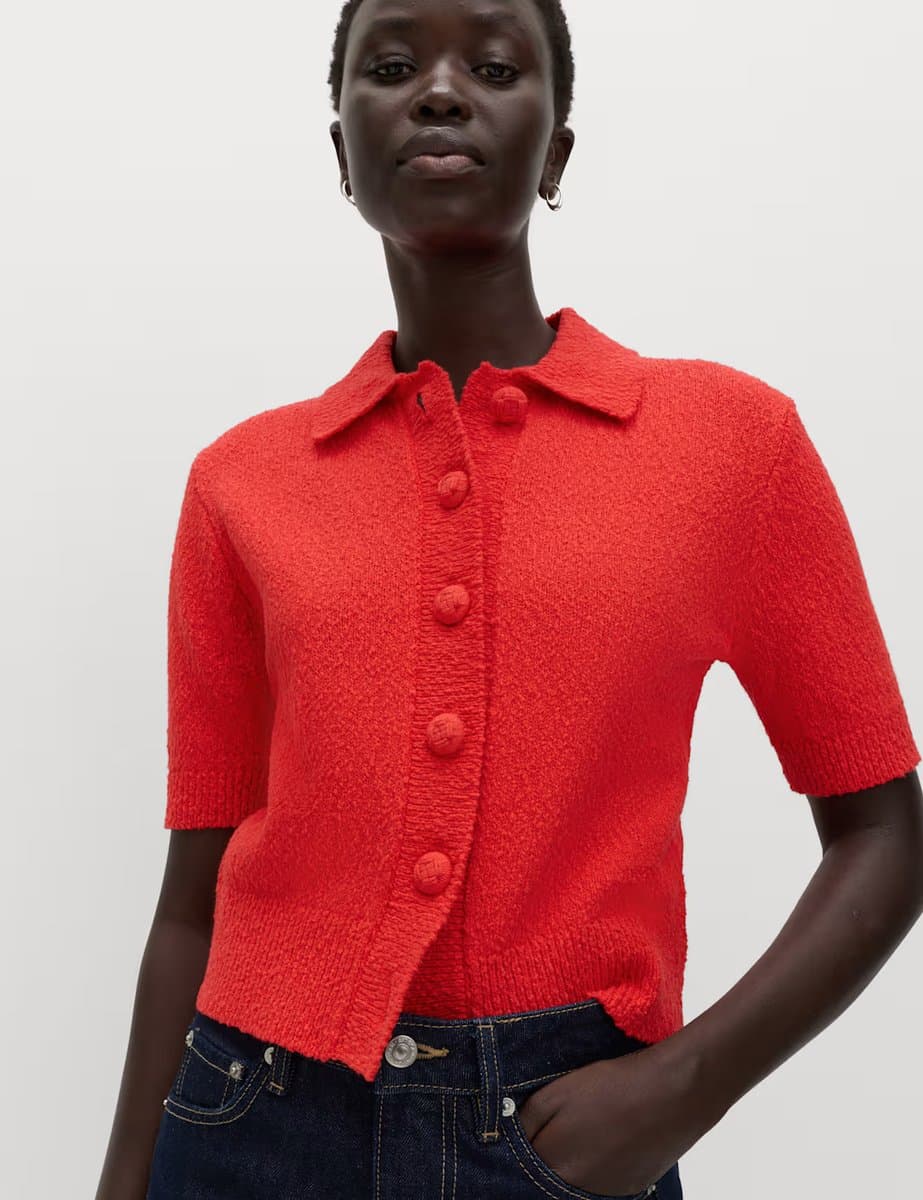 Marks & Spencer M&S Cotton Rich Textured Cropped Cardigan Chilli