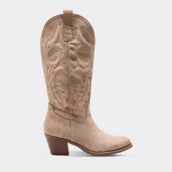 EGO Rodeo Embroidered Detail Mid Calf Western Cowboy Boot In Beige Faux Suede, Women's Size UK 3