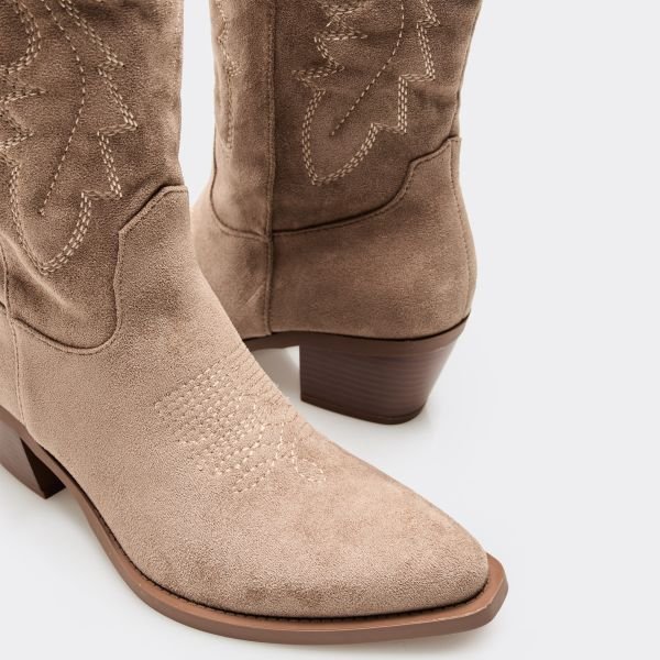 EGO Rodeo Embroidered Detail Mid Calf Western Cowboy Boot In Beige Faux Suede, Women's Size UK 3 - 2