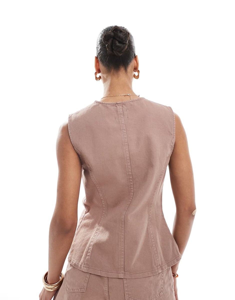 ASOS ASOS DESIGN denim cami waistcoat co-ord in mocha - 4