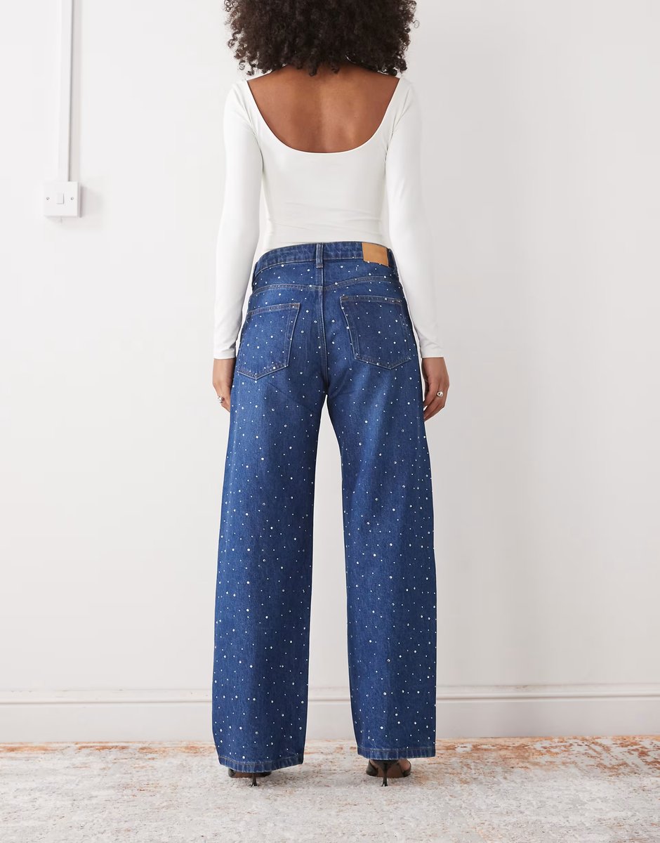 ASOS Monki loose fit hotfix embellished jeans in dark denim blue - 3