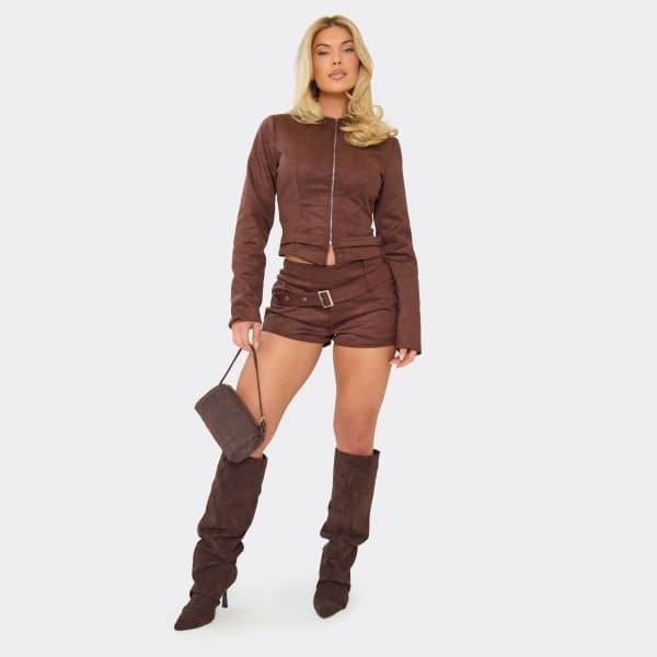 EGO Mid Rise Belted Hot Pants In Chocolate Brown Faux Suede, Women's Size UK 6