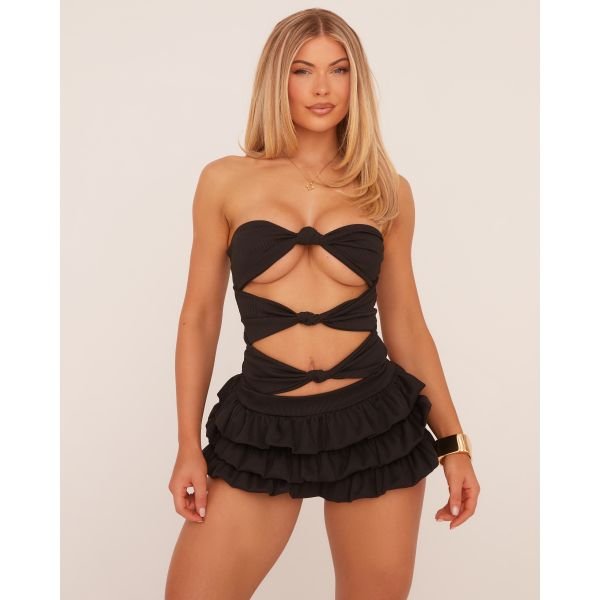 EGO Bandeau Cut Out Knot Detail Bodysuit And Low Rise Tiered Micro Mini Skirt Co-Ord Set In Black Rib, Women's Size UK 10 - 2