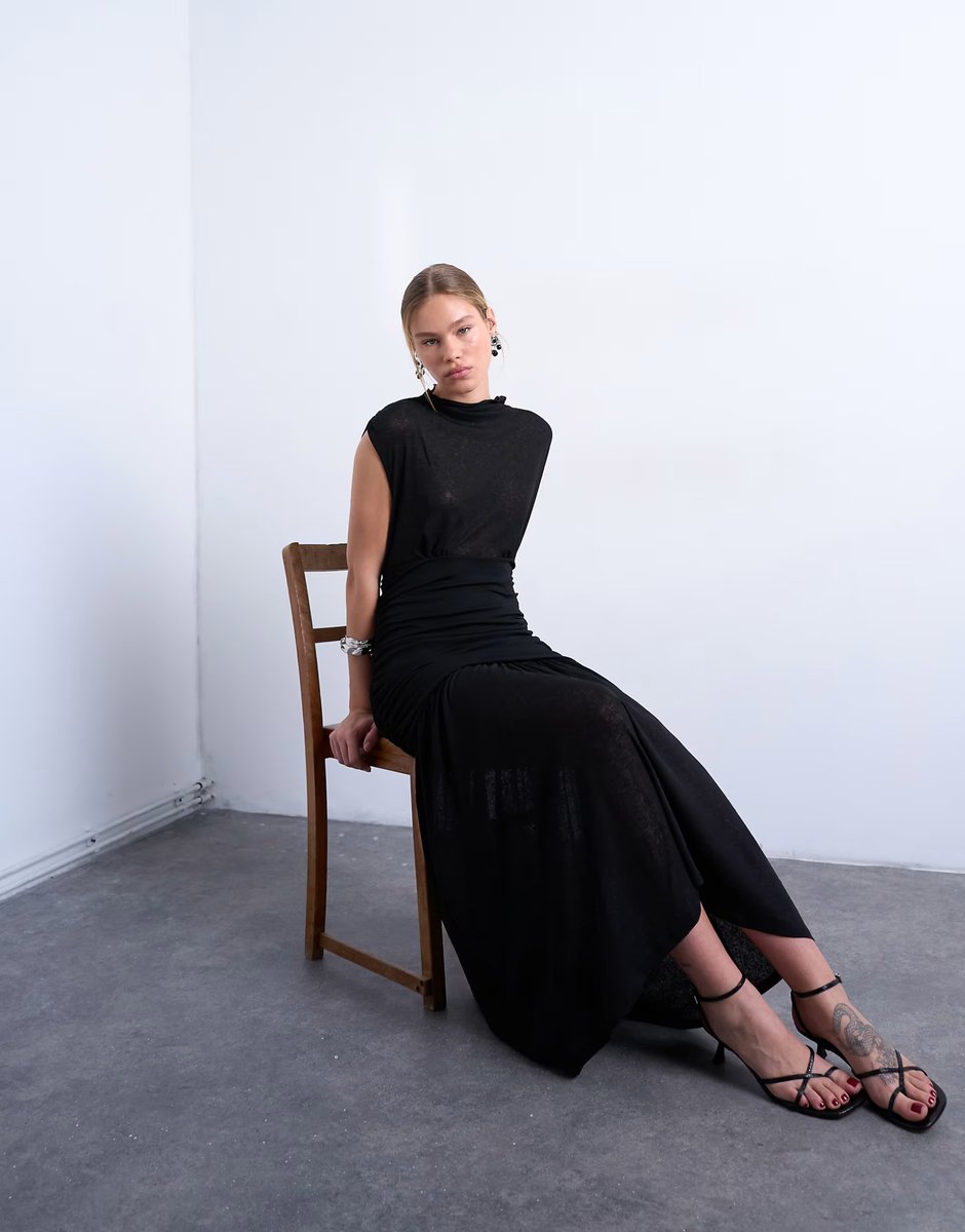 ASOS Topshop high neck ruched maxi dress in black - 3