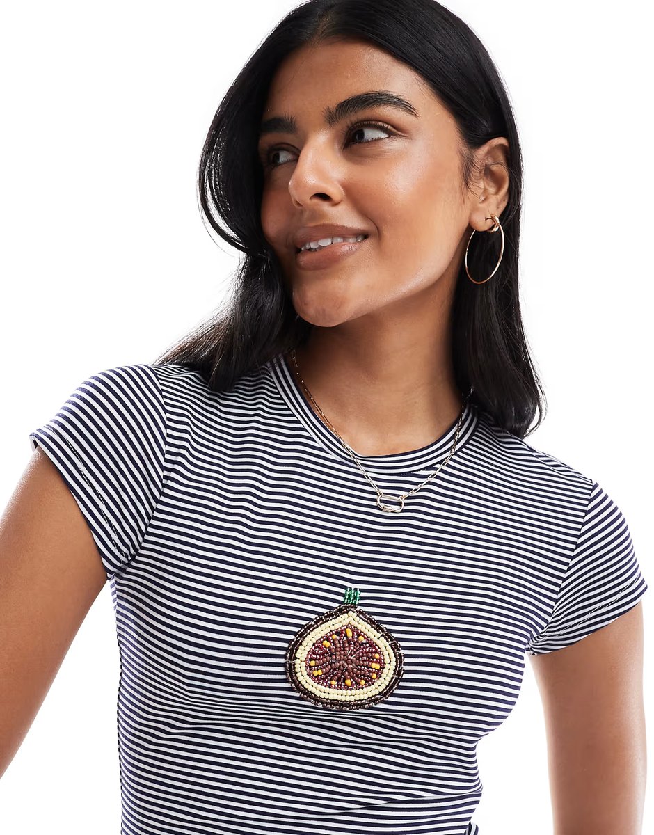 ASOS ASOS DESIGN stripe baby tee with beaded fig graphic in navy - 3