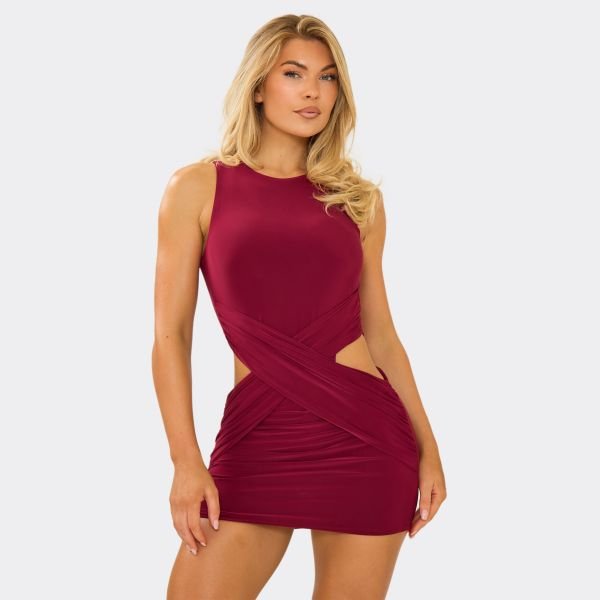 EGO Sleeveless Twisted Front Cut Out Side Detail Mini Dress In Burgundy, Women's Size UK 14 - 1