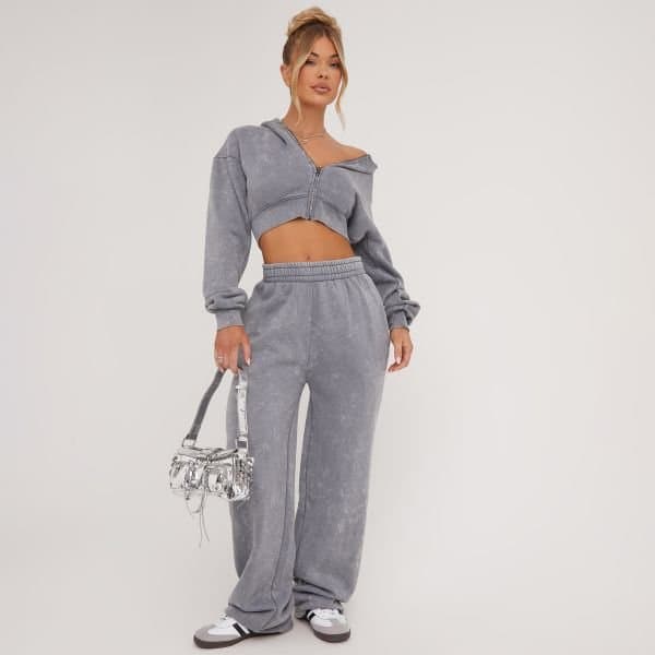 EGO High Waist Oversized Wide Leg Joggers In Light Grey Acid Wash, Women's Size UK 6