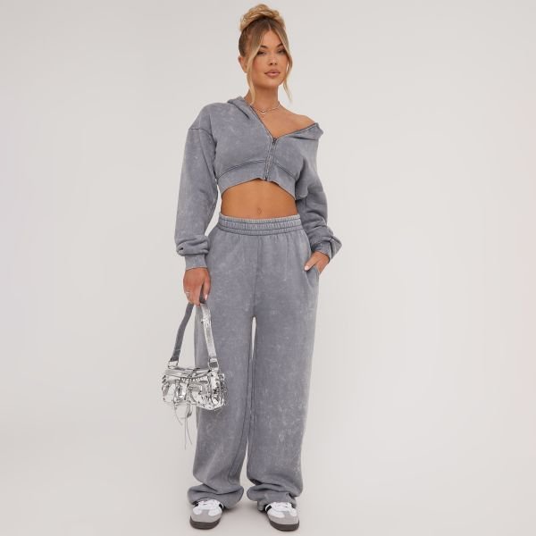 EGO High Waist Oversized Wide Leg Joggers In Light Grey Acid Wash, Women's Size UK 6 - 2