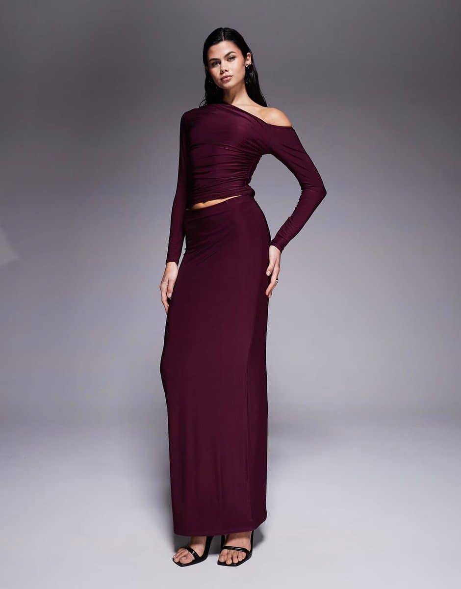 ASOS Kaiia exclusive double layered slinky column maxi skirt co-ord in dark cherry