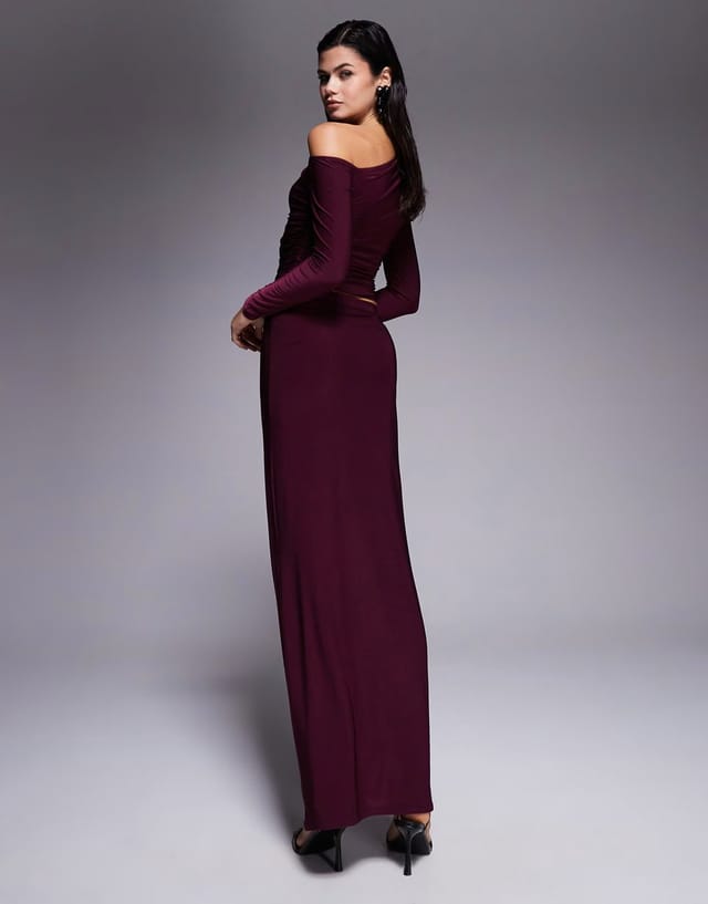 ASOS Kaiia exclusive double layered slinky column maxi skirt co-ord in dark cherry - 2