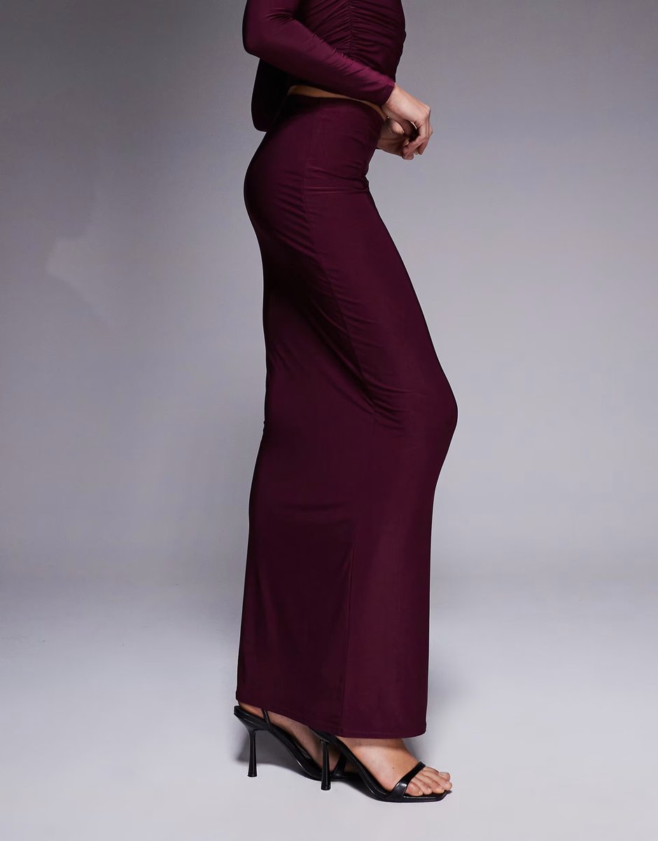 ASOS Kaiia exclusive double layered slinky column maxi skirt co-ord in dark cherry - 3