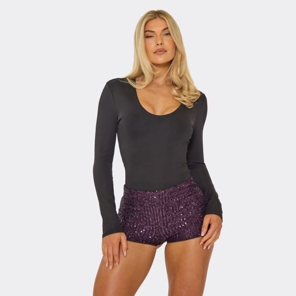 EGO Mid Rise Shorts In Purple Sequin, Women's Size UK 14 - 1