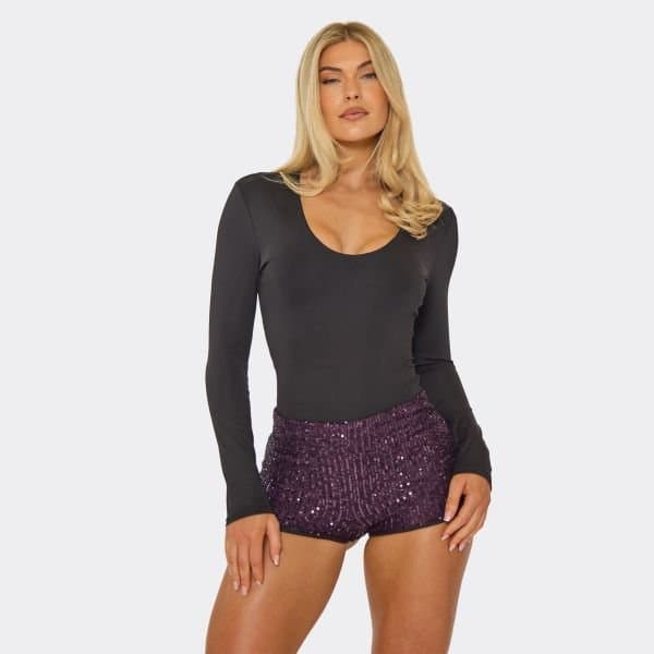 EGO Mid Rise Shorts In Purple Sequin, Women's Size UK 14