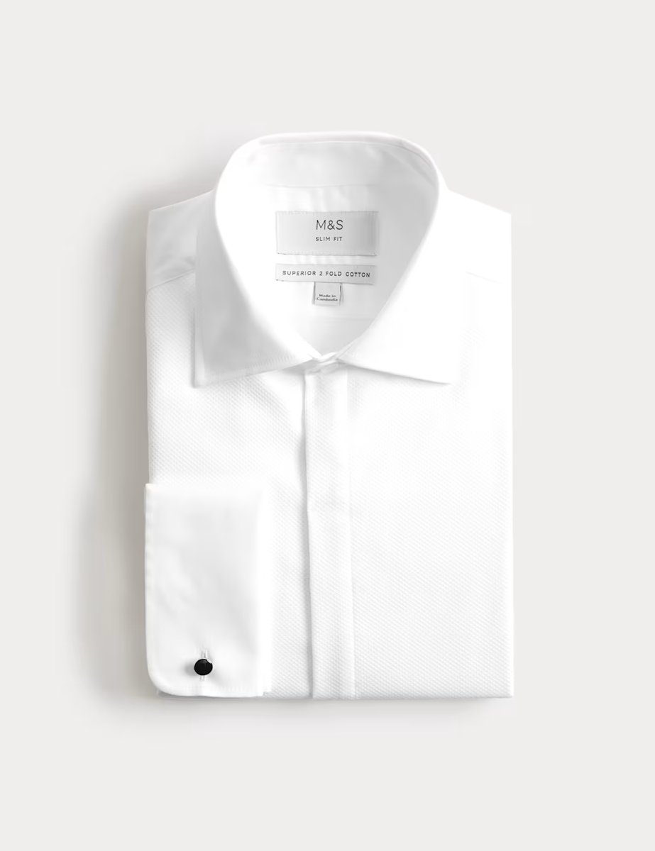 Marks & Spencer M&S Slim Fit Luxury 2 Inch Shorter Pure Cotton Bib Dress Shirt White - 2