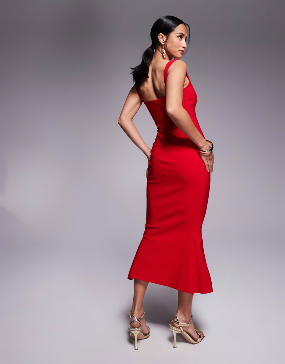 ASOS Vesper Petite bengaline sleeveless square neck fishtail midi dress in red - 4
