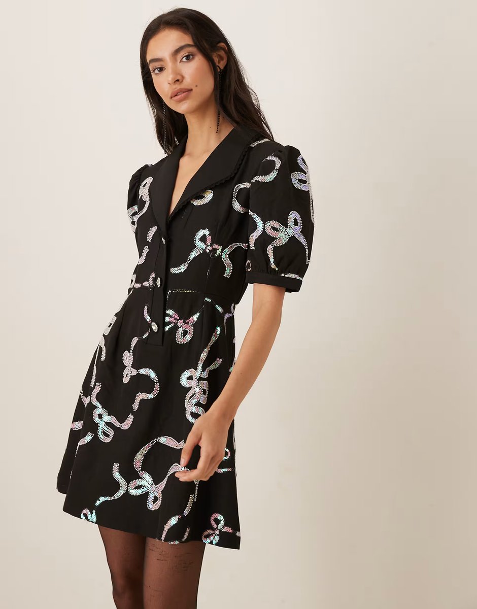 ASOS Sister Jane Ripple puff sleeve bow embellished mini dress in black - 3