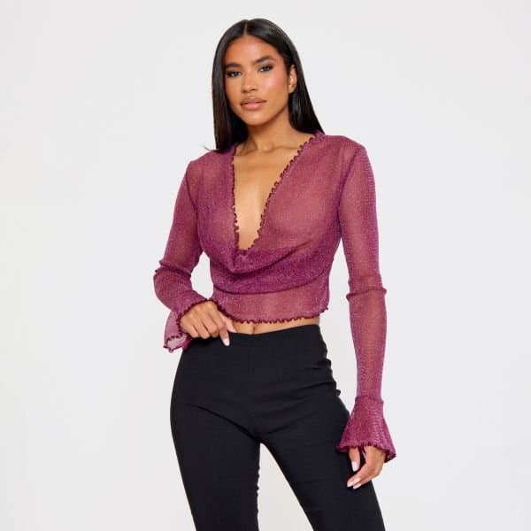 EGO Flare Sleeve Cowl Neck Top In Purple Mesh, Women's Size UK 6