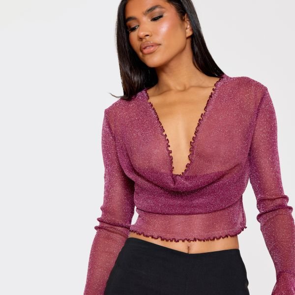 EGO Flare Sleeve Cowl Neck Top In Purple Mesh, Women's Size UK 6 - 2