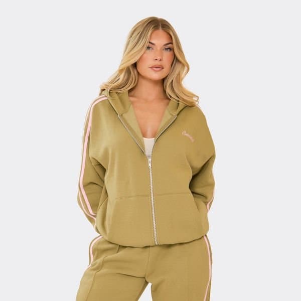 EGO Oversized Contrast Stripe Side Essential Graphic Hoodie In Olive Green, Women's Size UK 4
