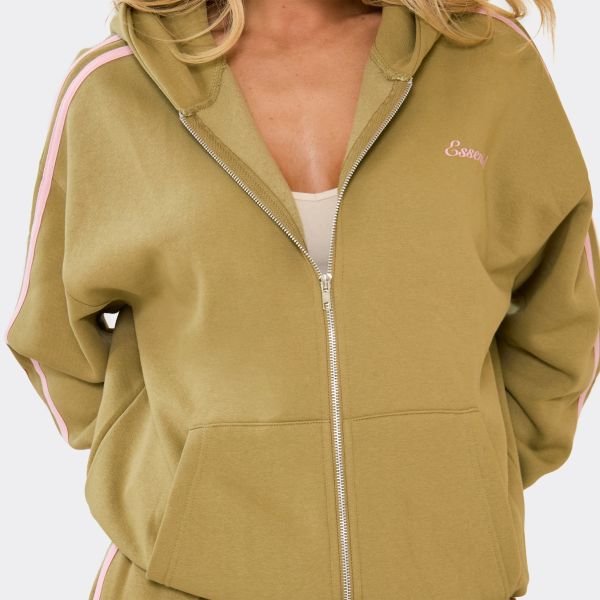 EGO Oversized Contrast Stripe Side Essential Graphic Hoodie In Olive Green, Women's Size UK 4 - 2