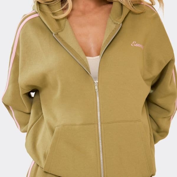 EGO Oversized Contrast Stripe Side Essential Graphic Hoodie In Olive Green, Women's Size UK 4 - 2