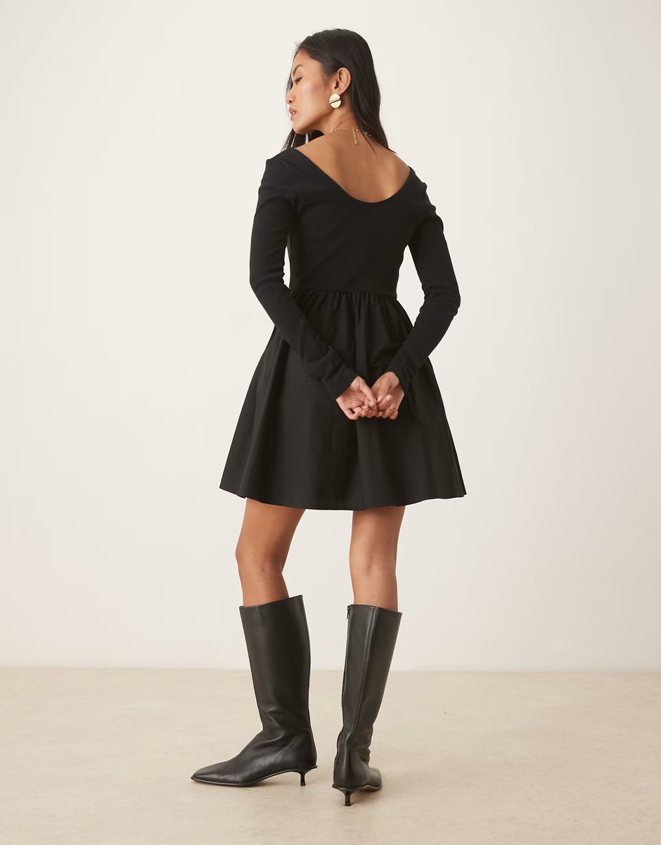 ASOS Nobody's Child scoop neck long sleeve mini dress in black - 3
