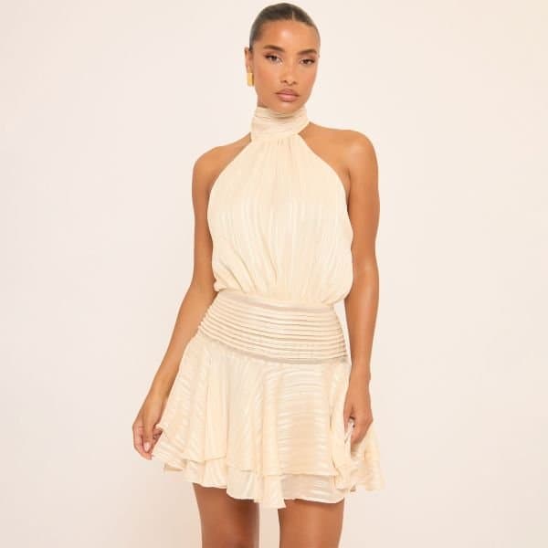 EGO High Neck Open Back Layered Frill Hem Mini Dress In Cream, Women's Size UK 6