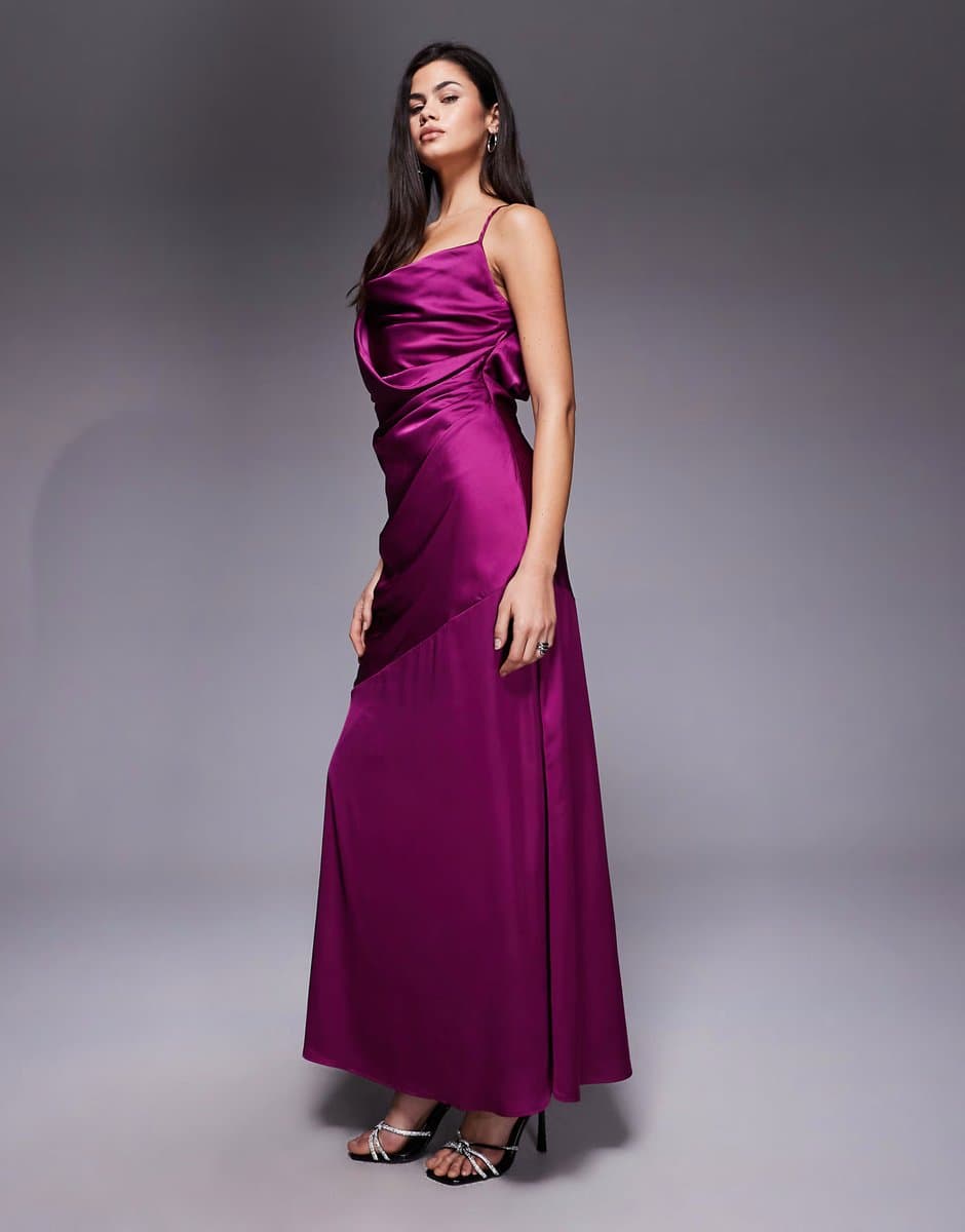 ASOS TFNC satin draped neck cross back maxi dress in plum