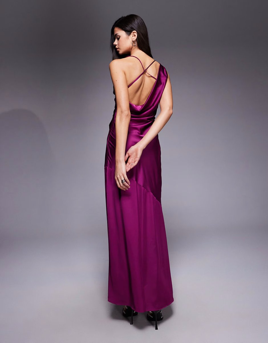 ASOS TFNC satin draped neck cross back maxi dress in plum - 4