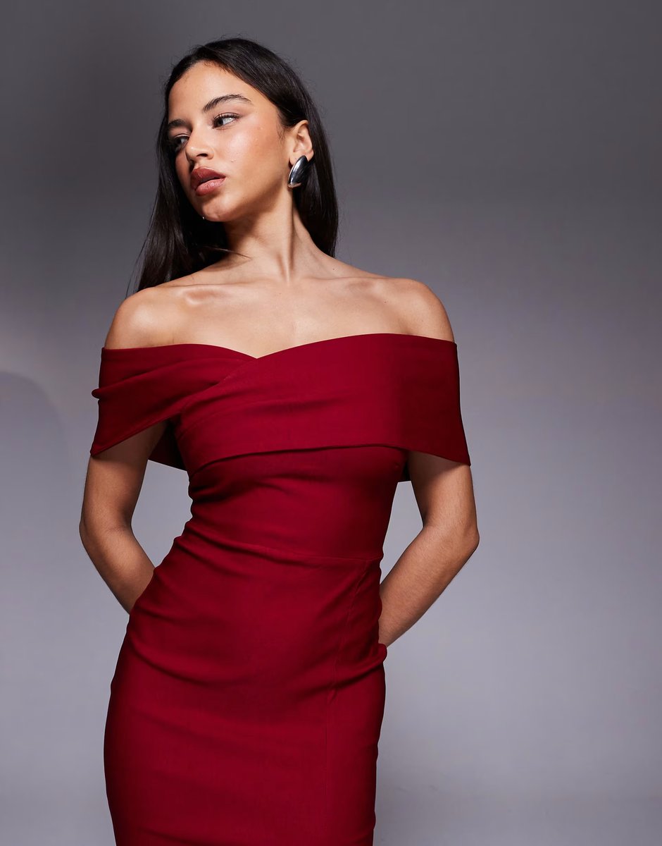 ASOS Vesper bengaline cross front off shoulder maxi dress in wine - 3