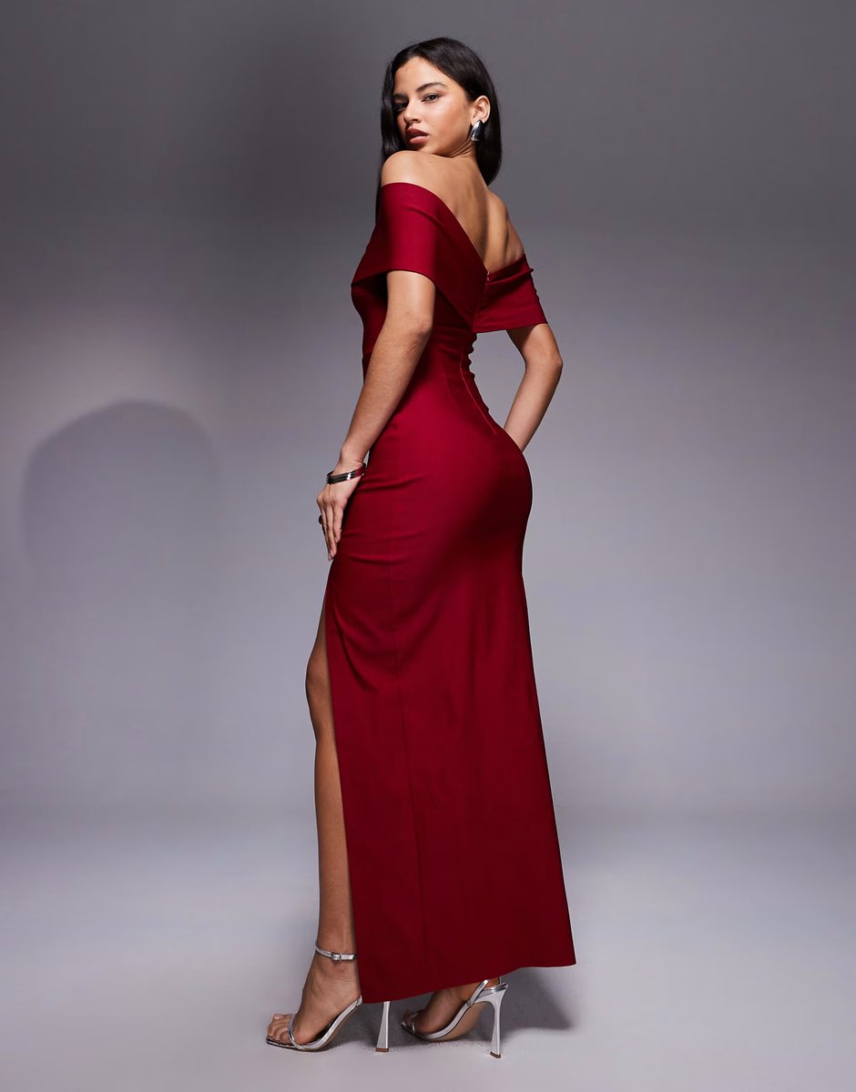 ASOS Vesper bengaline cross front off shoulder maxi dress in wine - 4