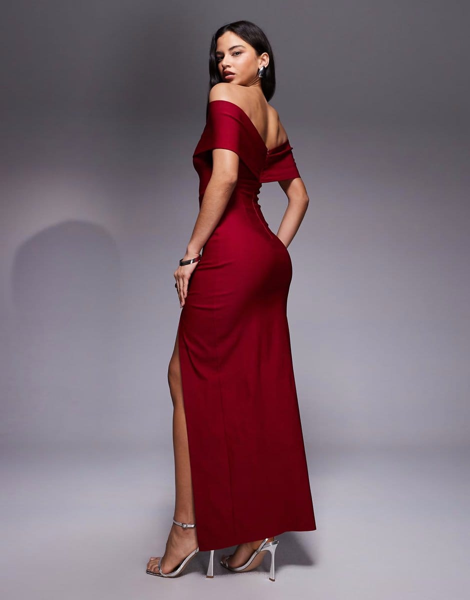 ASOS Vesper bengaline cross front off shoulder maxi dress in wine - 4