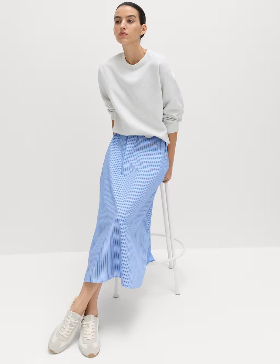 Marks & Spencer M&S Pure Cotton Poplin Striped Pleated Midi Skirt Blue Mix - 4