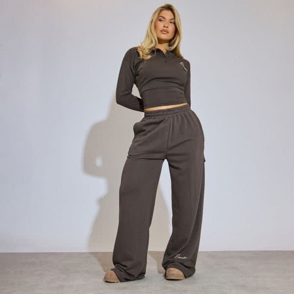 EGO Low Rise Essential Embroidered Graphic Straight Leg Joggers In Chocolate Brown, Women's Size UK 6