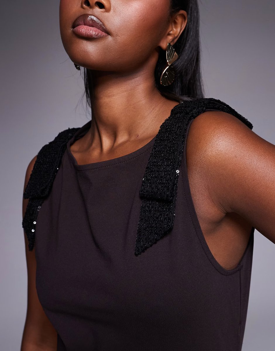 ASOS ASOS DESIGN sequin bow shoulder tank top in brown and black - 3