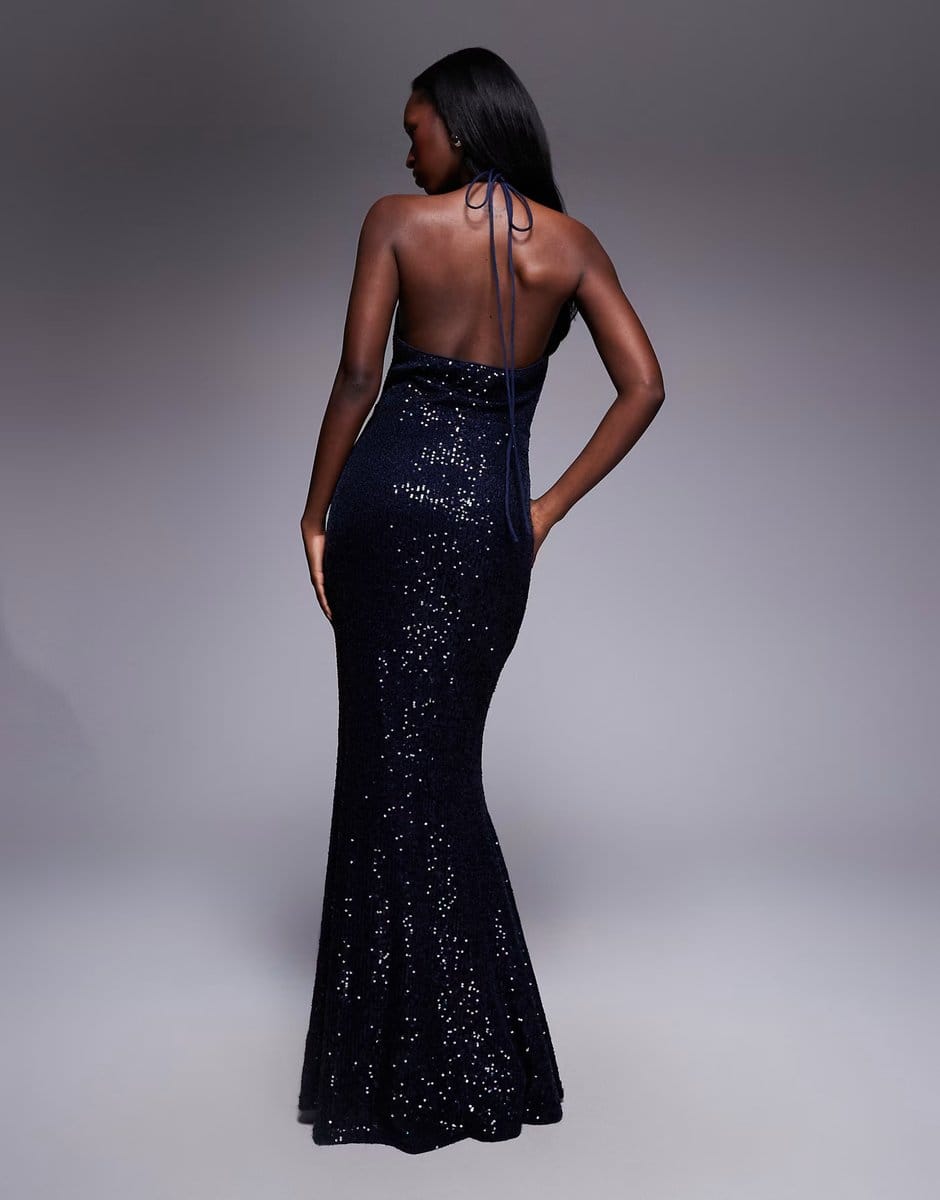 ASOS ASOS DESIGN all over sequin halter maxi dress in navy - 4