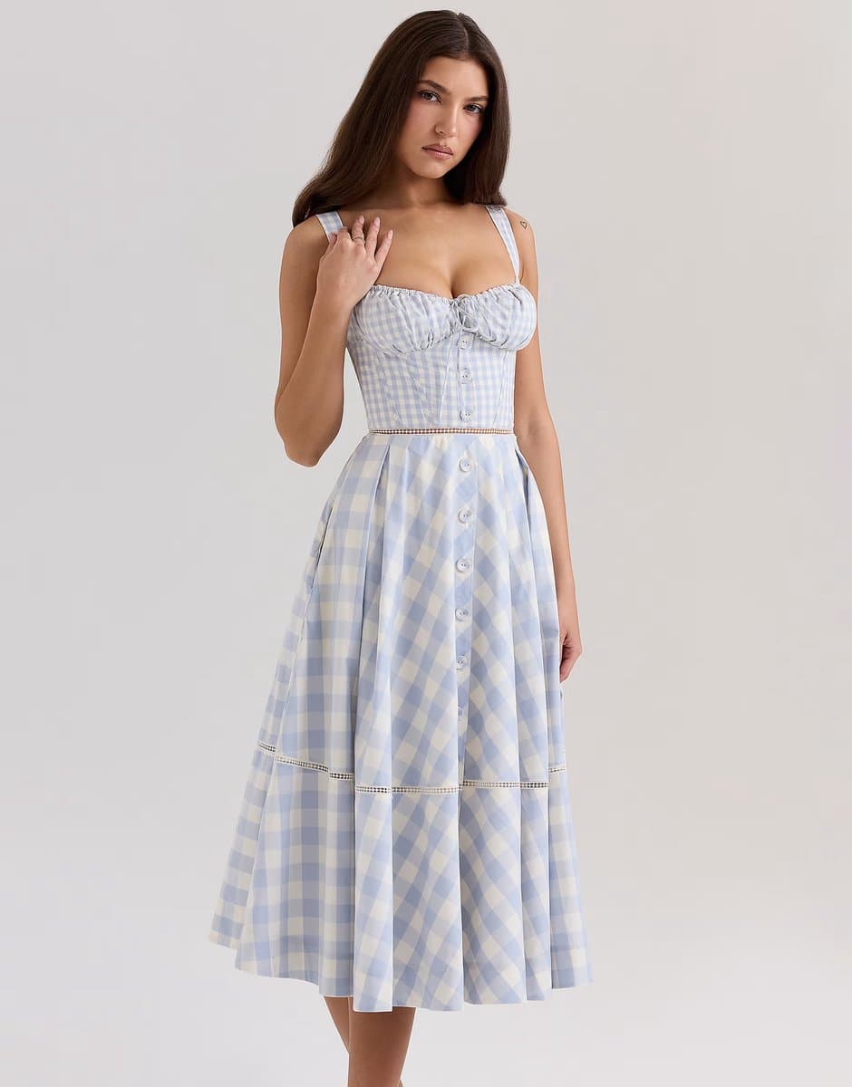 ASOS House of CB Chiarina gingham stretch cotton midi dress in light blue