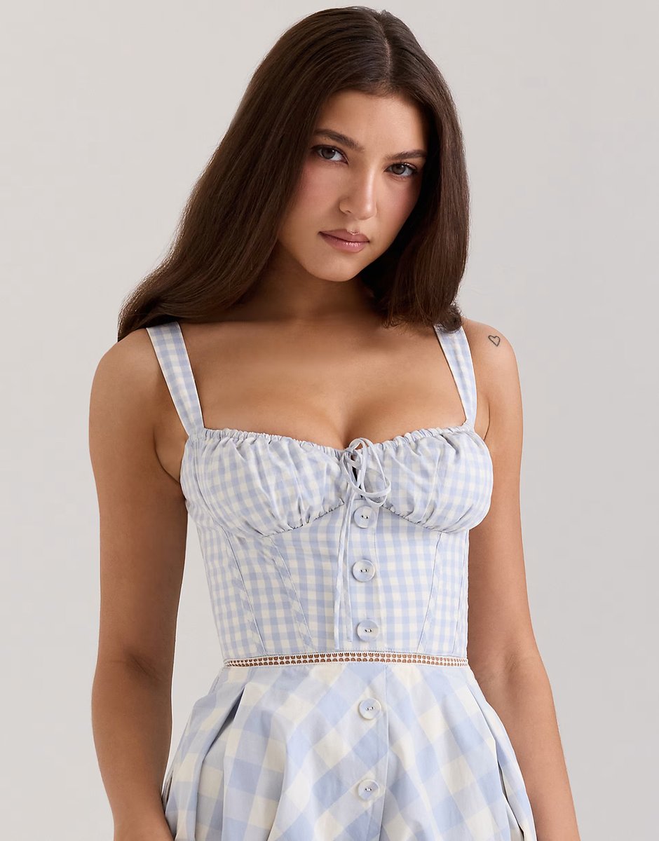 ASOS House of CB Chiarina gingham stretch cotton midi dress in light blue - 2