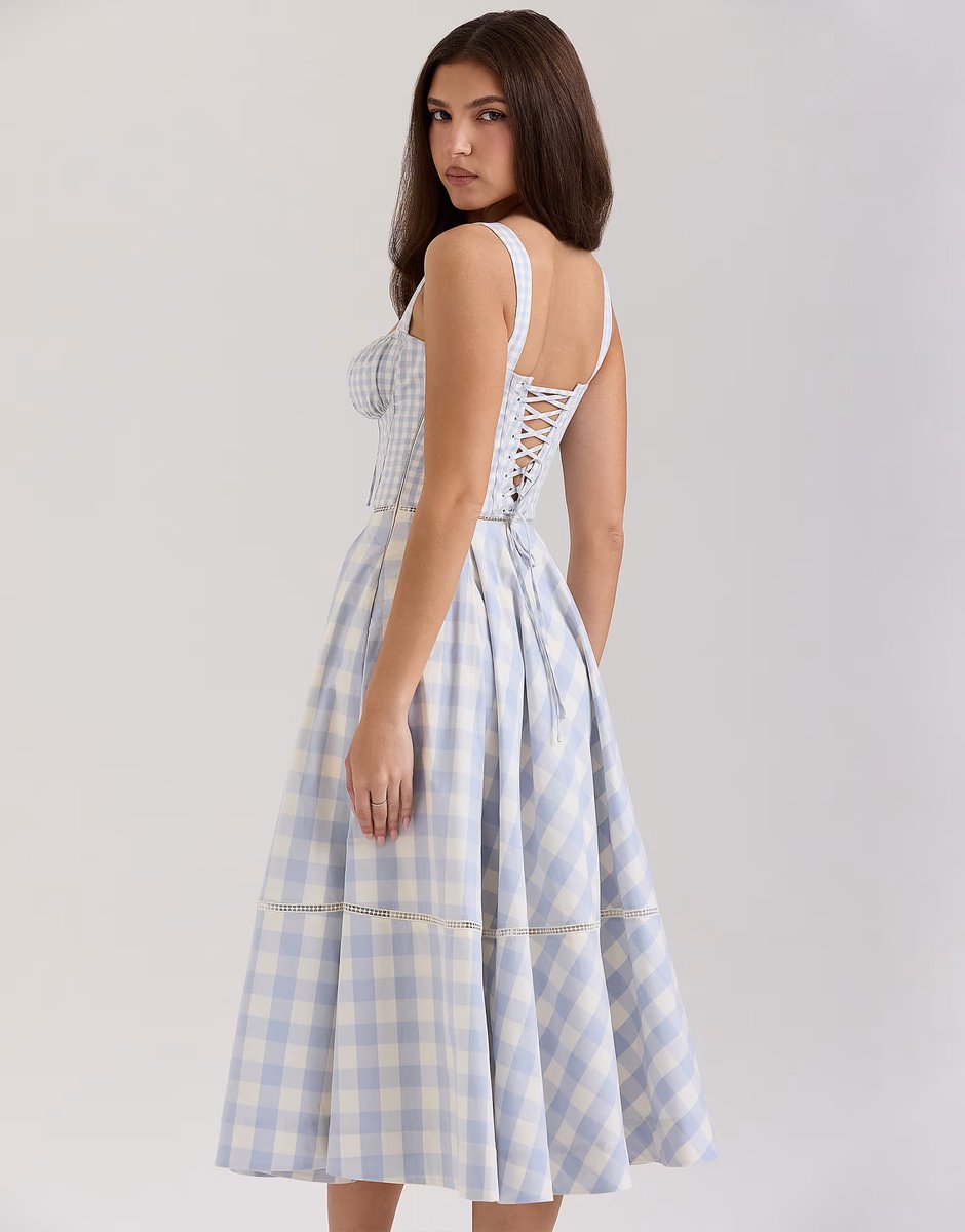 ASOS House of CB Chiarina gingham stretch cotton midi dress in light blue - 3