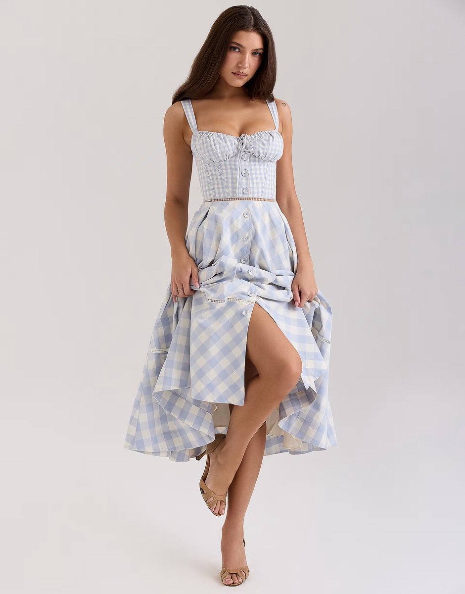 ASOS House of CB Chiarina gingham stretch cotton midi dress in light blue - 4