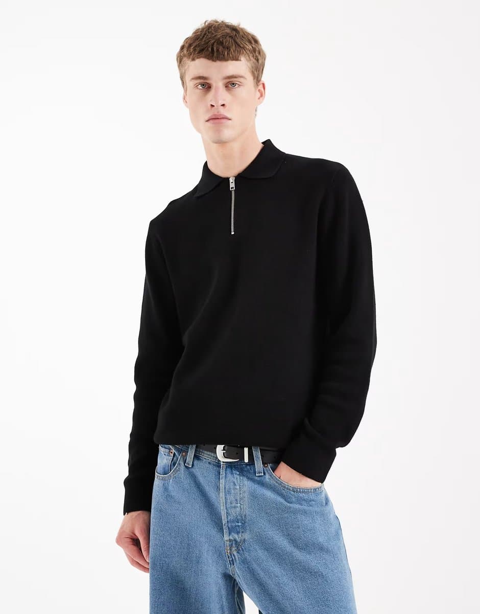 ASOS Jack & Jones premium long sleeve knitted polo with quarter zip in black
