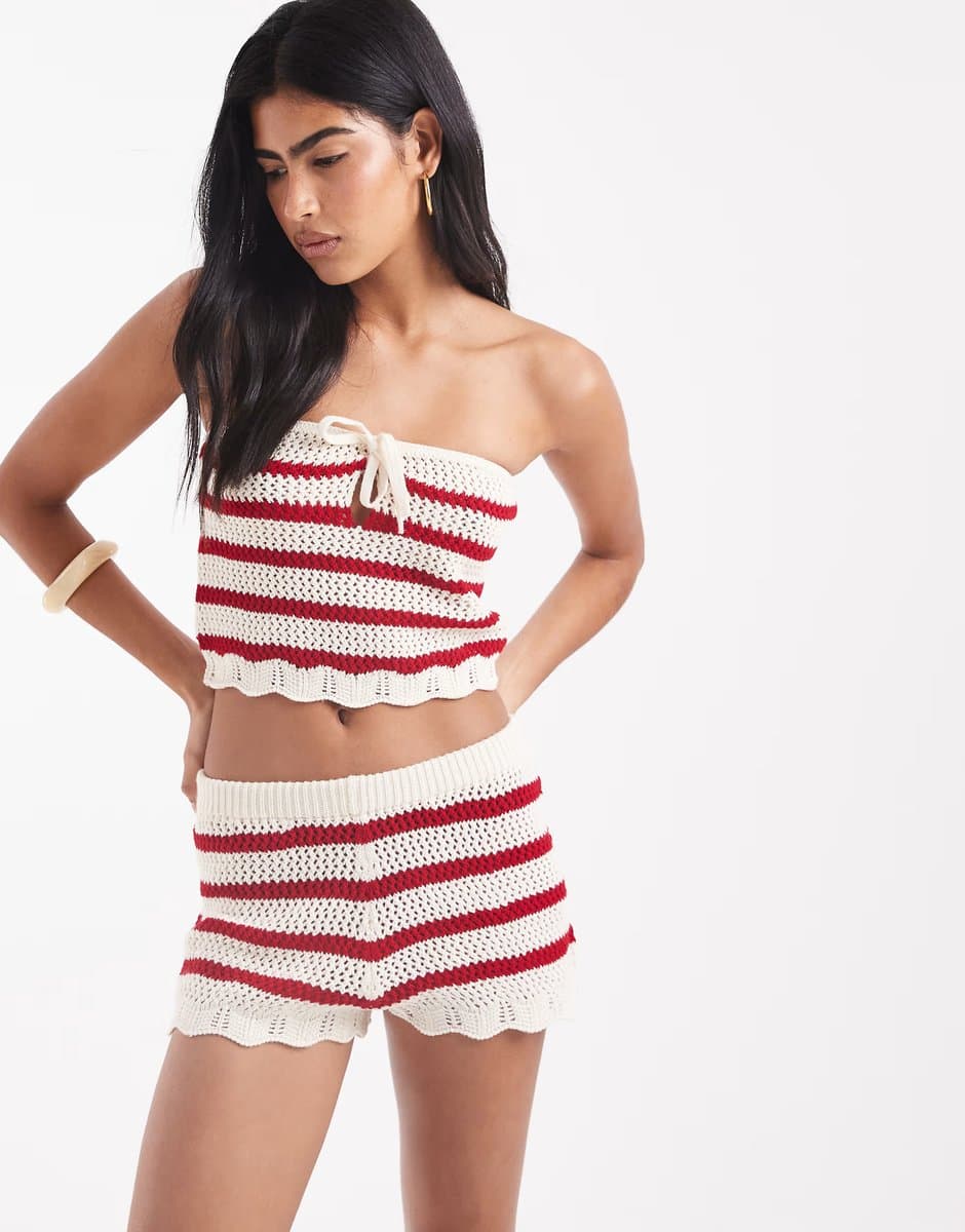 ASOS Miss Selfridge knitted stripe crochet booty shorts co ord in red