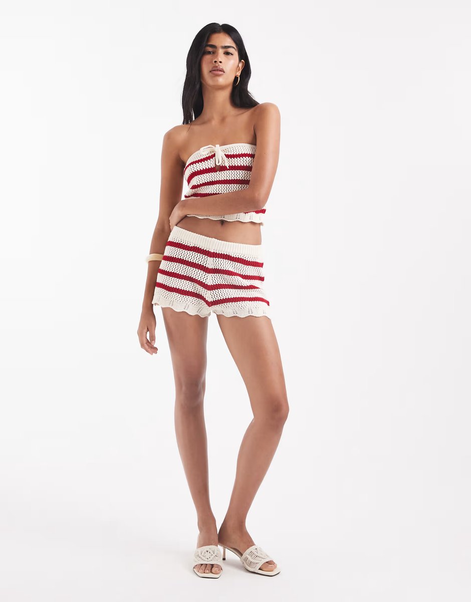 ASOS Miss Selfridge knitted stripe crochet booty shorts co ord in red - 4